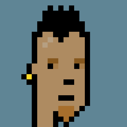 A minimalist pixel art portrait of a person with dark hair, brown eyes, and a yellow earring against a blue background.