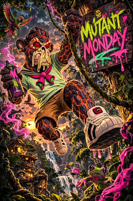 A massive, lava-skinned mutant ape wearing a green shirt with a pink bow sprints through a vibrant jungle holding a neon spray can, with "MUTANT MONDAY" graffiti-style text on a wooden sign overhead — perfectly matching the post's hype for a wild, unforgettable Mutant Monday reveal.