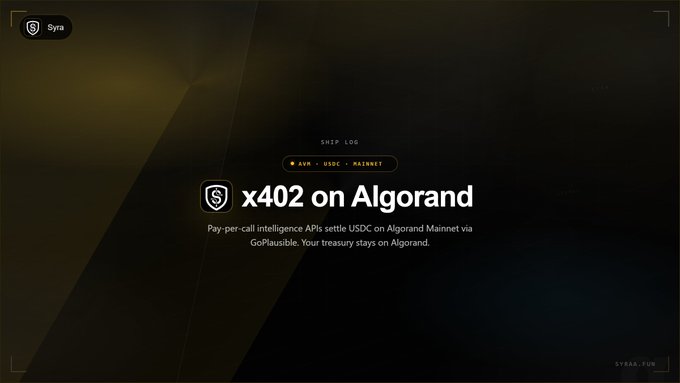 The image is a dark-themed promotional graphic with a golden glow featuring the Syra logo and text announcing "x402 on Algorand," explaining that "Pay-per-call intelligence APIs settle USDC on Algorand Mainnet via GoPlausible. Your treasury stays on Algorand," with shipping log tags for AVM, USDC, and Mainnet — visually reinforcing the post's announcement of x402 integration going live on Algorand Mainnet with USDC settlement.