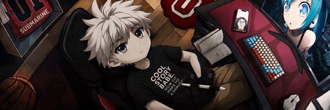 An anime-style illustration of a white-haired boy in a black t-shirt lying down next to a blue-haired anime character and a keyboard.