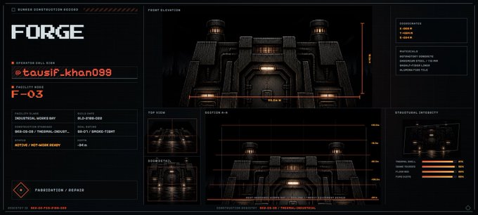 A sci-fi construction blueprint interface labeled 'FORGE' by tausif_khan088, showing a bunker design labeled F-03 marked as 'NOT WORK READY' with multiple elevation views and structural integrity stats.