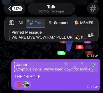 A Telegram chat screenshot showing a message from 'Jacob' stating 'Crypto is alpha. We've been down for long en...'
