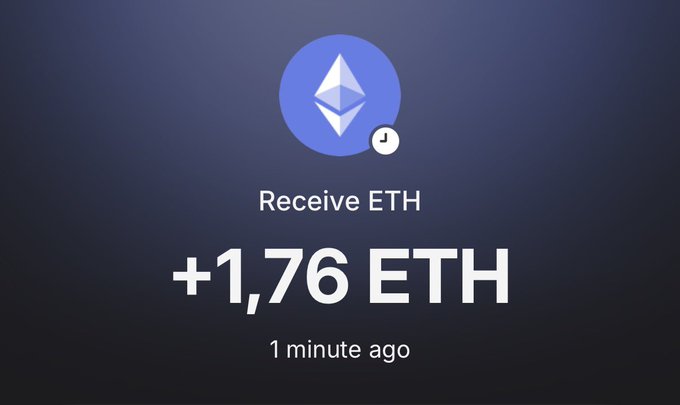 A digital notification showing 'Receive ETH +1,76 ETH' with an Ethereum logo and a timestamp of '1 minute ago'.