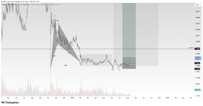 A TradingView chart of CRV/USDT on Coinbase shows a bearish shark harmonic pattern (with X, A, B, C, D points and 0.382/0.886 Fibonacci levels) projecting a bullish reversal, currently trading near $0.3046, visually illustrating the analyst's call to trim some longs after a 22% upside move while maintaining the position.