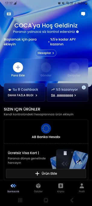 A mobile banking app screen in Turkish, displaying 'ÇOÇA' with sections for adding money, sending money, and payments.