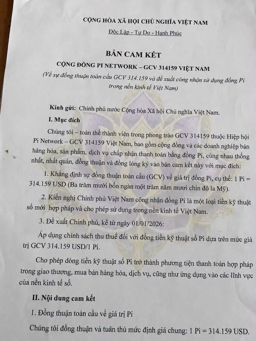 An official Vietnamese document titled 'BẢN CAM KẾT' from the Pi Network community (GCV 314159 Vietnam) proposing Pi cryptocurrency value at $314.159 USD.