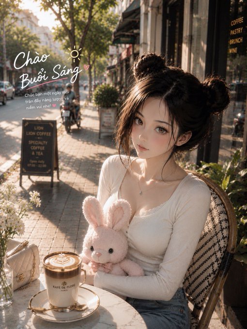 A stylized illustration of a young woman with double buns holding a pink plush bunny at an outdoor café, with Vietnamese text 'Chào Buổi Sáng' (Good Morning) and a latte on the table.