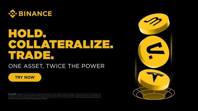 A Binance advertisement with the tagline 'HOLD. COLLATERALIZE. TRADE. ONE ASSET, TWICE THE POWER' featuring golden 3D coins displaying the logos of Matic, Solana (S), and Tesla.