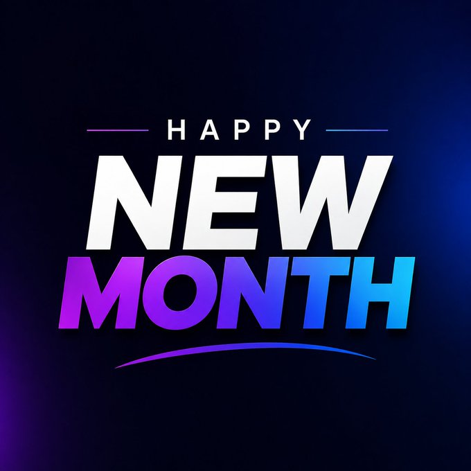 A bold graphic design on a dark blue and purple gradient background featuring the text 'HAPPY NEW MONTH' in large white and gradient purple-to-blue lettering.