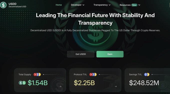 Screenshot of the USDD (Decentralized USD) website homepage featuring the tagline "Leading The Financial Future With Stability And Transparency" and stats showing Total Supply $1.54B, Protocol TVL $2.25B, and Savings TVL $248.52M.