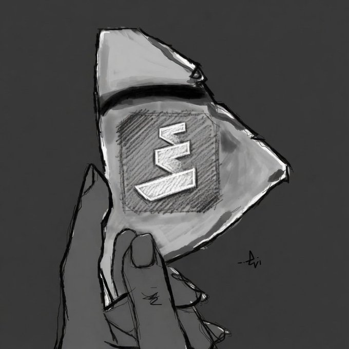 A grayscale digital sketch depicts a hand holding a bag of snacks, with a stylized 'M' logo visible on the packaging.