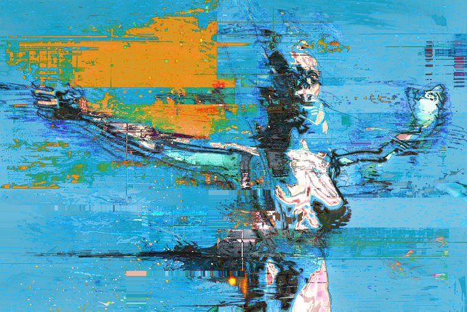 An abstract, glitch-style digital painting in vibrant blues, oranges, and greens depicting a fragmented figure with arms outstretched.