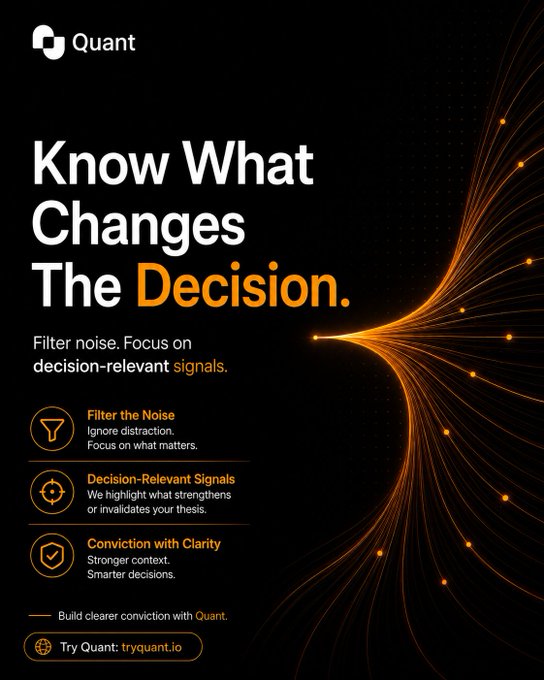 Advertisement for Quant featuring the headline 'Know What Changes The Decision.' with sub-points about filtering noise, decision-relevant signals, and conviction with clarity, plus a CTA for tryquant.io.
