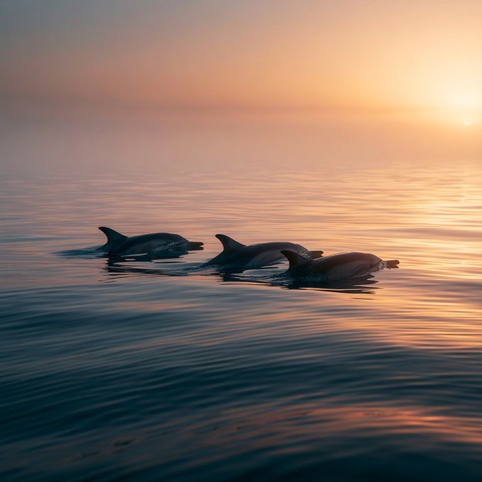 A serene photograph of three dolphins swimming together in calm ocean waters during a golden sunset, with the warm light reflecting beautifully off the rippling sea surface.