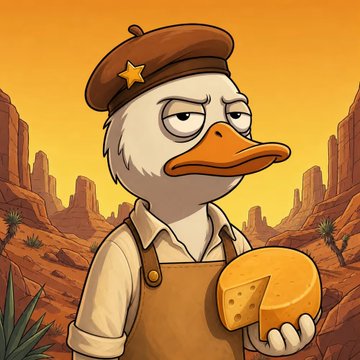 A cartoon illustration of a disgruntled duck wearing a beret and apron, holding a piece of Swiss cheese against a desert canyon backdrop with a yellow-orange sky.