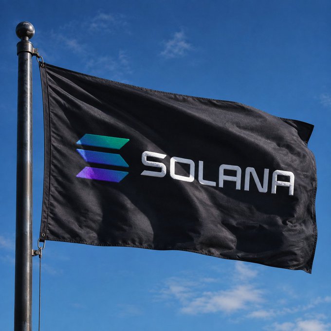 A black flag with the "SOLANA" logo and its colorful emblem waves against a blue sky, visually reinforcing the post's celebration of "Solana szn" and prompting viewers to share their favorite projects on the @Solana network.