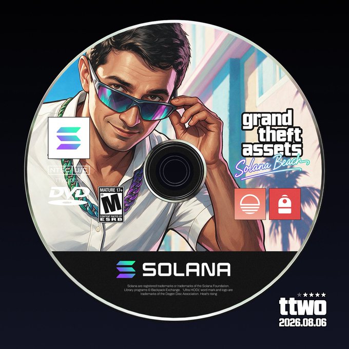 The image is a circular disc-style illustration parodying a GTA game cover, featuring a man with sunglasses holding a camera lens, styled after Grand Theft Auto: San Andreas but rebranded as "Grand Theft Assets: Solana Beach," with the Solana logo prominently displayed. It ties to the post by visualizing the joke that while GTA 6 is ditching physical discs, the Solana ecosystem is minting its own themed "disc" as $TTWO (Take-Two Interactive) gets listed on Solana.