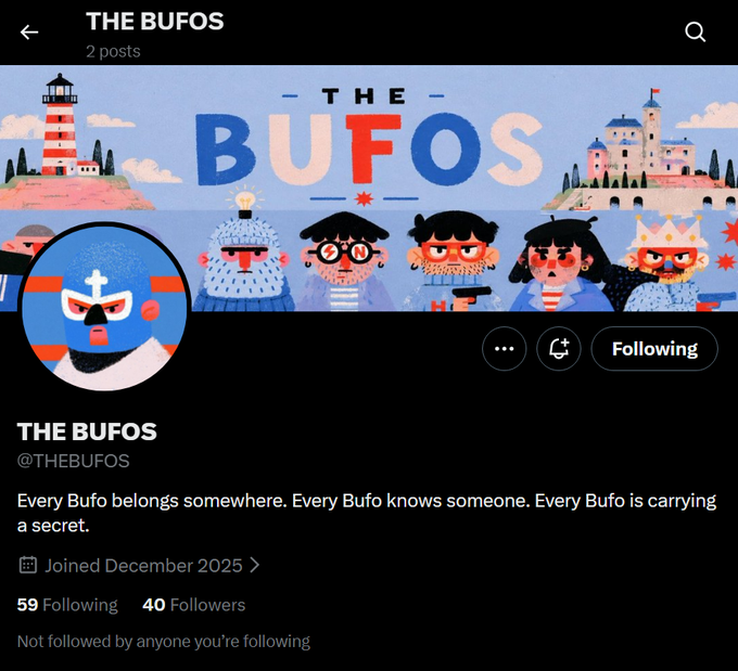 Twitter profile for "THE BUFOS" (@THEBUFOS) with 2 posts, 59 following, and 40 followers, featuring colorful illustrated characters and a lighthouse banner. The bio reads "Every Bufo belongs somewhere. Every Bufo knows someone. Every Bufo is carrying a secret," matching the post's description of an early NFT project by @JDOTCOLOMBO featuring whimsical, ordinary characters in a storybook world.