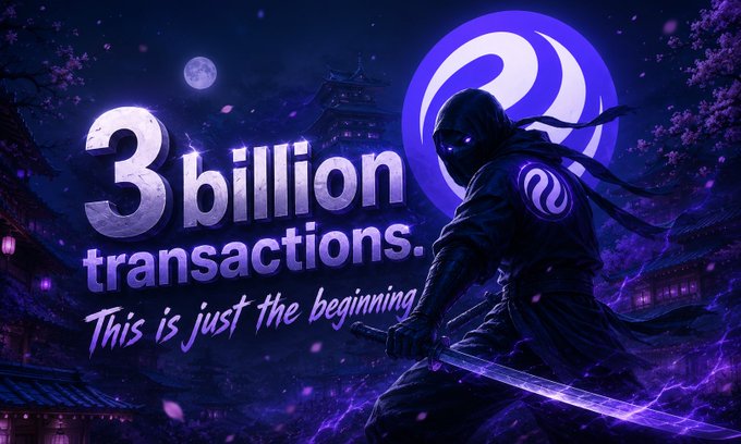 A promotional graphic features a hooded ninja warrior with a sword against a purple moonlit backdrop, with text reading '3 billion transactions. This is just the beginning.'