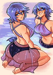 The image shows two anime-style women with blue hair and sunglasses posing on a beach, with the post's text "We gotta kill Terra bro." suggesting it's a humorous or meme-style comment about one of the characters.