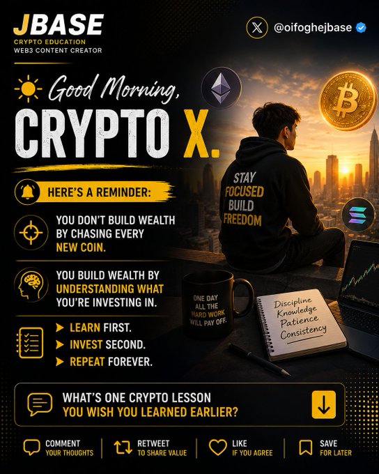 A social media graphic from '@oifoghejbase' displaying crypto education tips like 'LEARN FIRST, INVEST SECOND' alongside an image of a person looking over a city with Bitcoin and Ethereum logos.
