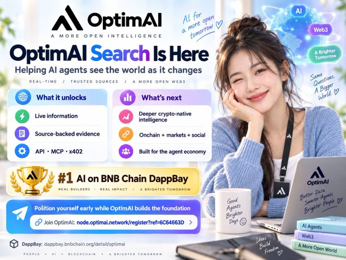 A promotional graphic for 'OptimAI Search' announcing it as '#1 AI on BNB Chain DappBay', featuring features like live information, source-backed evidence, and deeper crypto-native intelligence.