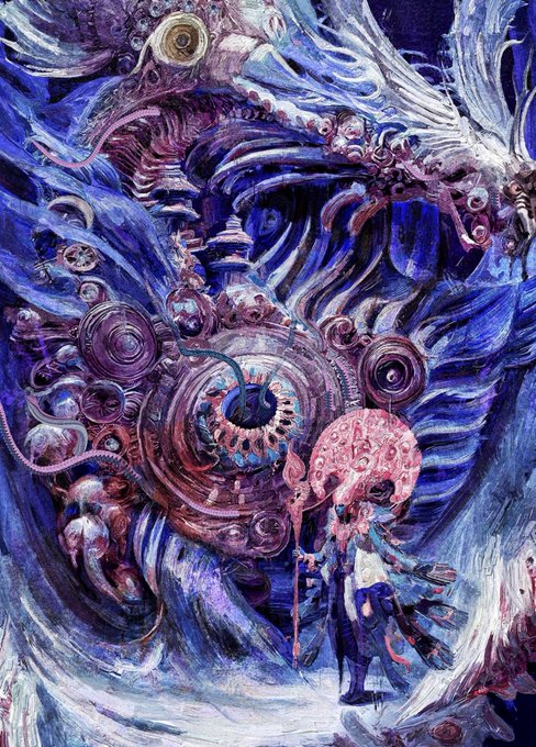 A surreal painting featuring swirling blue waves, tentacle-like shapes, and a small figure in the lower right holding a staff with a pink circular emblem.