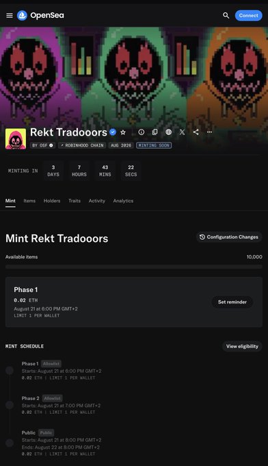 A screenshot of the OpenSea mint page for **Rekt Tradooor**, showing **10,000 available items** and a **0.02 ETH** mint price, with **Phase 1** scheduled for **August 21 at 6:00 PM GMT+2**.
