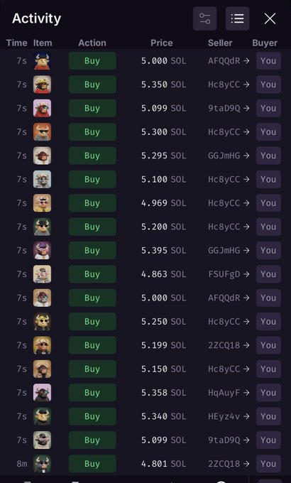 A mobile app activity feed shows multiple purchases of digital items in SOL (Solana), with the buyer listed as "You" from various sellers.