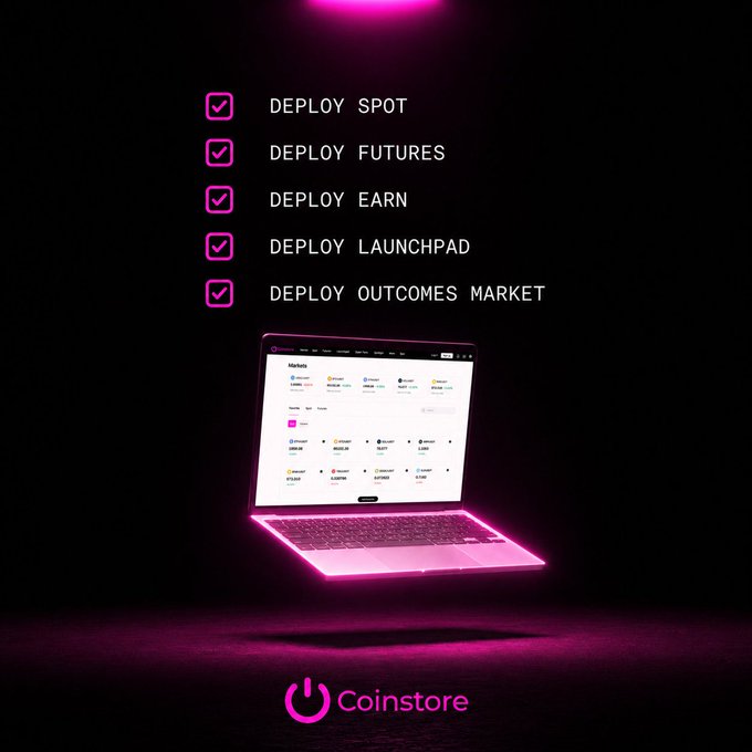 A glowing pink laptop displays the Coinstore "Markets" dashboard beneath a checklist of completed ecosystem deployments—Deploy Spot, Deploy Futures, Deploy Earn, Deploy Launchpad, and Deploy Outcomes Market—visually reinforcing the caption's message of Coinstore offering a comprehensive crypto ecosystem beyond just trading.