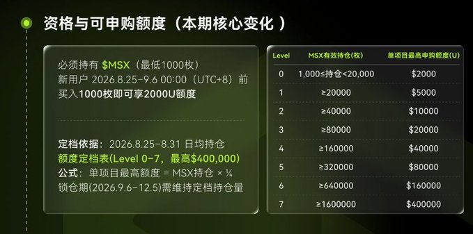 A Chinese-language slide titled '资格与可申购额度' (Qualification and Subscription Amount) detailing MSX token holding requirements and tiered levels (0-7) with maximum single-project subscription amounts up to $400,000.