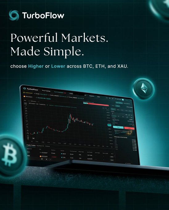 A promotional graphic for "TurboFlow" with the tagline "Powerful Markets. Made Simple." featuring a laptop displaying a trading interface alongside Bitcoin and Ethereum icons.