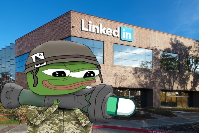 A Pepe frog character wearing a military helmet and camouflage gear holds a bazooka-style weapon in front of a LinkedIn office building, humorously visualizing the absurdity of bringing a professional resume to a chaotic pump fun fight.