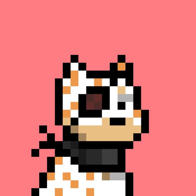 A pixel art portrait of a Shiba Inu dog—reminiscent of the Doge meme—with orange and white patches, rendered in blocky retro style against a solid pink background. The image visually embodies the post's claim of being permanently etched onto DOGE through its nostalgic, low-resolution pixel aesthetic that ties to Dogecoin's meme origins.
