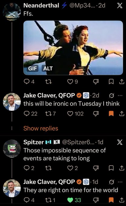 The image shows a Twitter/X thread with the iconic "Titanic" "I'm flying" scene as a GIF captioned "Ffs," followed by Jake Claver (@QFOP) commenting "this will be ironic on Tuesday I think," and Spitzer replying "Those impossible sequence of events are taking to long," with Jake Claver responding "They are right on time for the world." The post relates by sarcastically framing the fast rise of $OUSD — Stripe's new default stablecoin on Solana built by Zach Abrams (Bridge founder) — as an implausible but inevitable "flying Titanic" moment most people still haven't noticed.