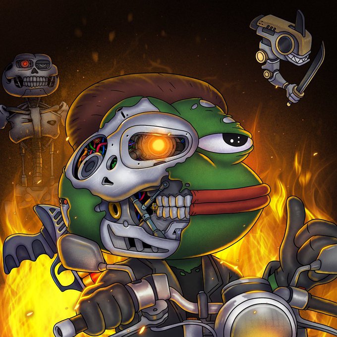 A stylized digital illustration of a cyborg version of Pepe the Frog riding a motorcycle through flames, accompanied by robotic skeleton figures.