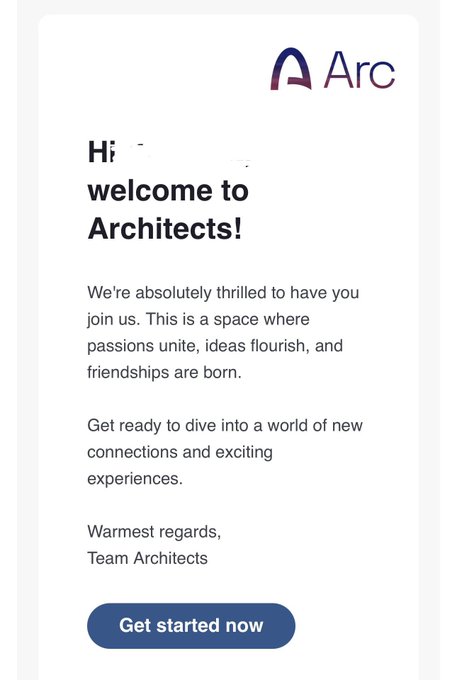 A welcome screen for the 'Arc' app displays 'Hi, welcome to Architects!' with introductory text and a 'Get started now' button.