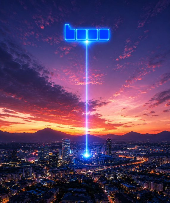 A glowing neon "base" hovers above a sprawling city at sunset, casting a brilliant blue beam of light down upon the urban landscape. The stylized text and radiant energy beam visually reinforce the bullish sentiment for the $BASE token, symbolizing a strong foundational presence shining over the market.