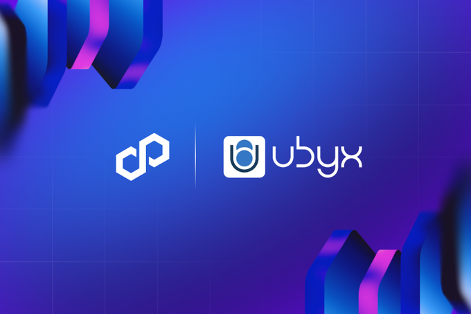 A promotional graphic with a blue and purple gradient background displays two logos: a hexagonal "dp" symbol and the "ubyx" logo side by side.