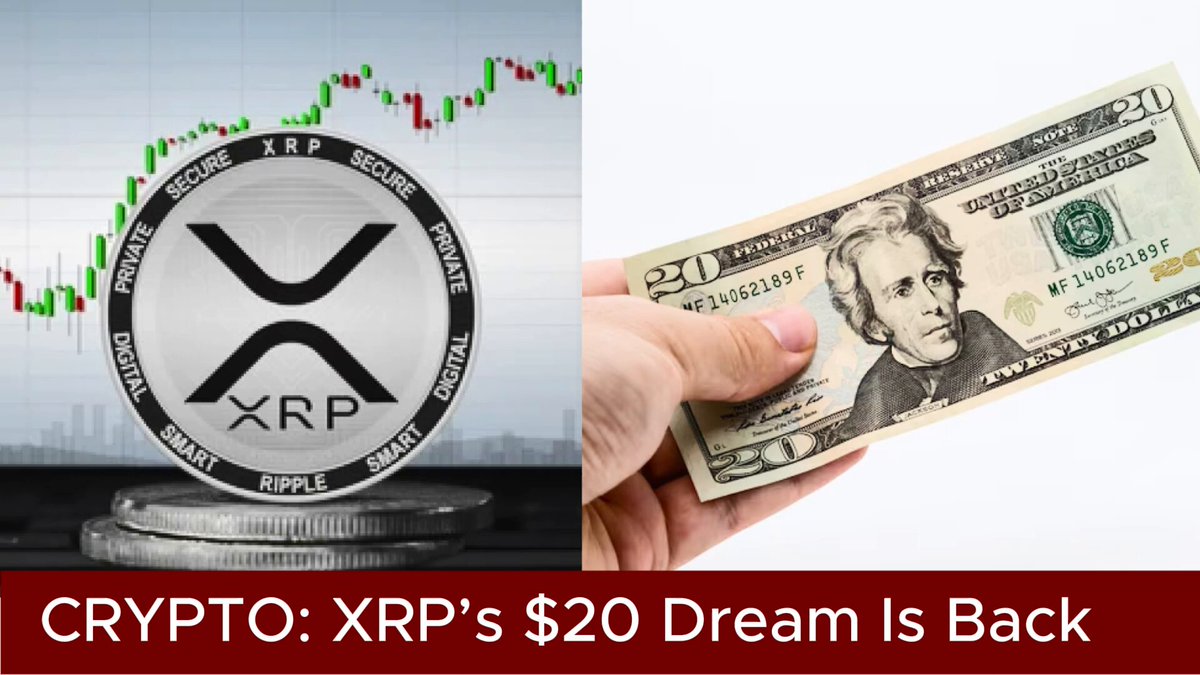 The image features two currency denomination bills - one being a twenty dollar bill from the United States, while the other represents twenty US dollars in cryptocurrency, presumably Ripple. There are also coins for both US money and Ripple represented alongside these bills. The text within the image suggests that if XRP reaches the upper boundary of its current channel at $5, it could rally toward $20, making XRP a viable alternative to traditional currency. Furthermore, Ninedex mentioned that this move towards Ripple would likely occur only if XRP repeated a similar pattern observed in the past, which indicates the potential evolution and adaptability of digital currencies like Ripple as they interact with the existing financial landscape.