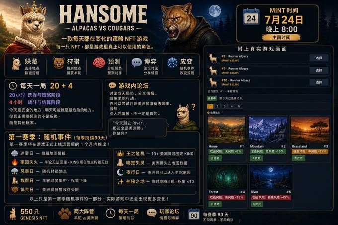 The image is a promotional graphic for "HANSOME - ALPACAS VS COUGARS," a strategy NFT game launching on July 24 at 8:00 PM China time, featuring alpaca and cougar characters, game mechanics, and a MINT event. It directly aligns with the post by introducing the game's premise—alpacas hiding and cougars hunting—and highlighting the NFT strategy gameplay with a clear call to action to "Play → Mine →" at @HansomeAlpacas.