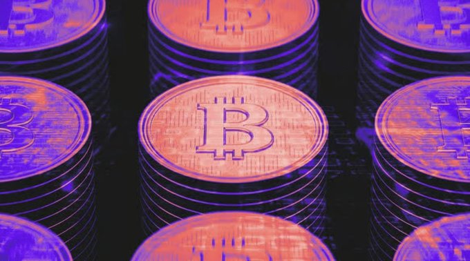 Several stacks of Bitcoin tokens rendered in purple and orange hues with the iconic "B" symbol. The image visually represents the spot crypto ETFs highlighted in the post, specifically $BTC, which surged 3.6% to $64,749 amid renewed net inflows.