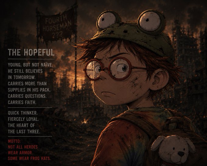 Character art titled 'THE HOPEFUL', depicting a young boy with glasses and a frog hat in a post-apocalyptic setting with text like 'FOURTH HORSEMAN 222' and 'NOT ALL HEROES WEAR ARMOR. SOME WEAR FROG HATS.'