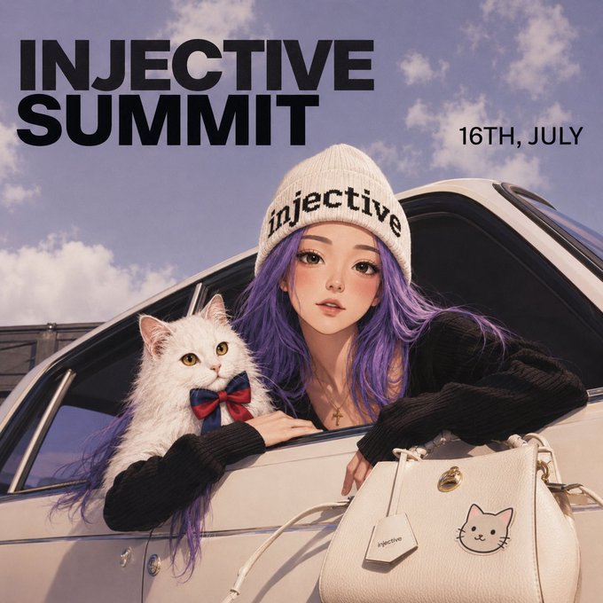 An anime-style illustration of a purple-haired girl wearing a white beanie with 'injective' written on it, holding a white cat, with text reading 'INJECTIVE SUMMIT 16TH, JULY'.