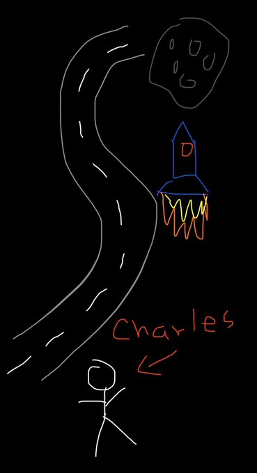 A crude digital drawing on a black background showing a smiling face looking down at a blue rocket ship with orange and yellow flames, a grey road, and a stick figure labeled 'Charles' at the bottom.