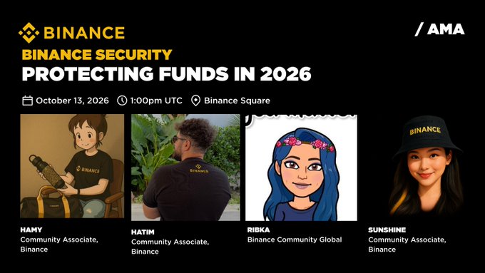 A Binance AMA announcement banner for 'Binance Security: Protecting Funds in 2026' scheduled for October 13, 2026, featuring four community associates: Hamy, Hatim, Ribka, and Sunshine.