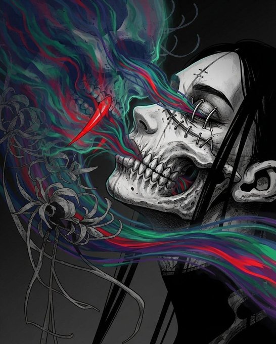 A haunting illustration depicts a stitched, skeletal face with a gaping mouth exhaling swirling streams of red, green, and purple energy, while a small red-capped spider dangles nearby. The surreal, visceral artwork visually echoes the post's theme of passionate self-sacrifice in love, with the colorful wisps symbolizing a life-force or soul being offered up.