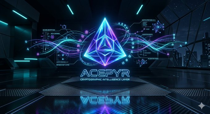 The image features an advertisement for Acepyr, a cryptocurrency and blockchain company. The background of the image is black with neon blue lines, giving it a futuristic appearance. In the center of the image, there's a large blue diamond-shaped logo that says "Acepyr" in white letters. Below this logo, there are descriptions about Acepyr's technology and its applications for developers. The text on the image is written in white, making it easy to read against the black background.