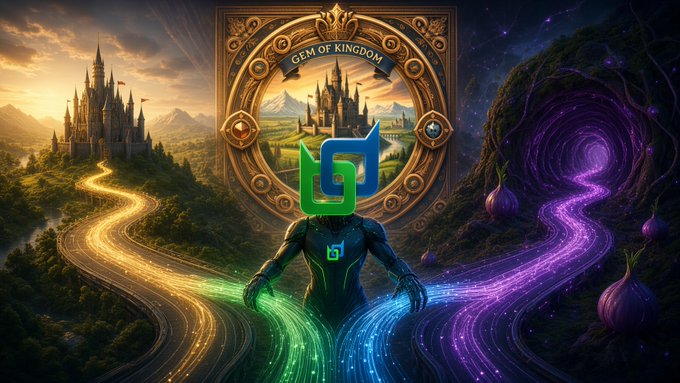 A fantasy artwork titled 'GEM OF KINGDOM' depicting a glowing armored figure holding streams of multicolored light that flow toward a castle on the left and a dark tunnel on the right.