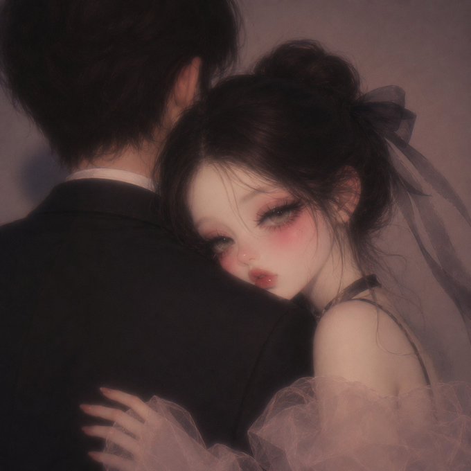 A digital painting of a pale young woman with dark hair, rosy cheeks, and a black sheer veil, leaning against a man in a dark suit, looking at the viewer with a melancholic expression.